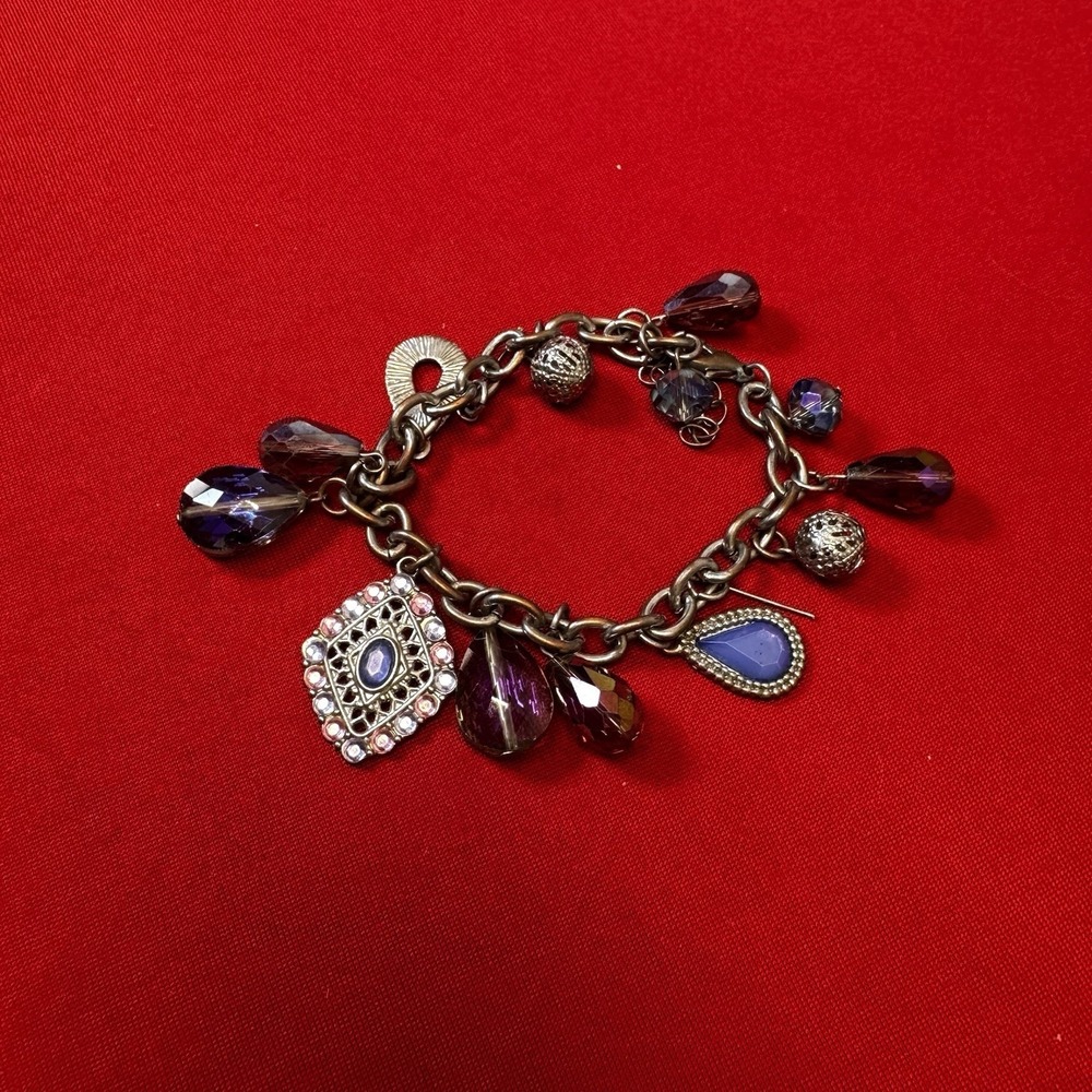 Silver Tone Charm Bracelet With Blues & Purples